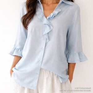 Marcona Baby Blue Shimmer Cottagecore Ruffle Blouse – Women’s L (Approx)